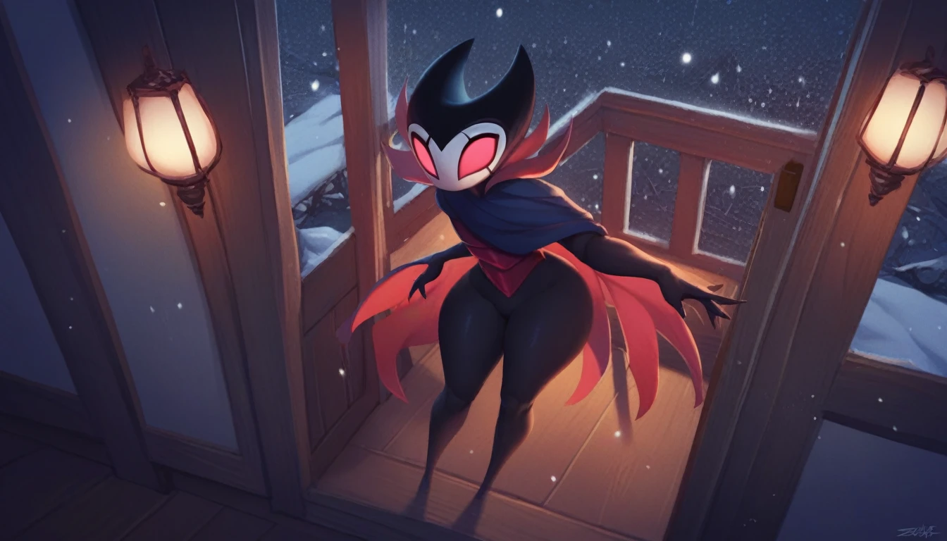 score_9, score_8_up, score_7_up, score_6_up, zPDXL2, grimm \(hollow knight\), vampire, bat, 1boy, solo, cute face, detailed eyes, anthro, clothed, background, near the window, landscape, looking at the viewer, thick thighs, angle from above, highlight thighs, It's snowing outside, it's night, a lamp is on nearby