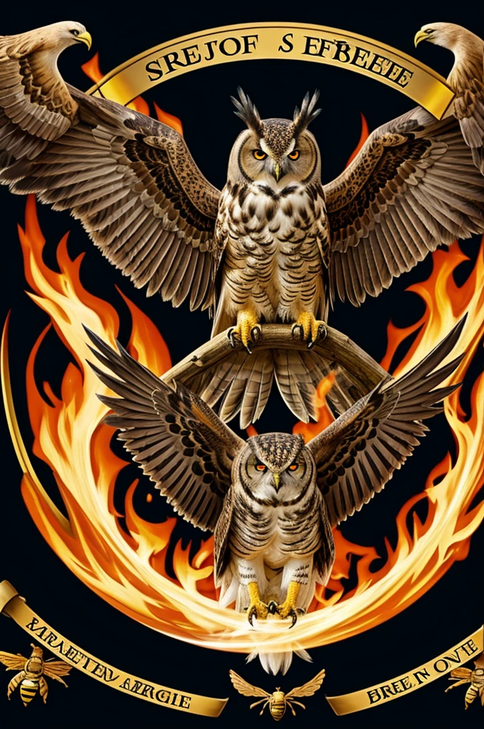 Round coat of arms, strength, Eagle owl, bee, Magic, fire, breath