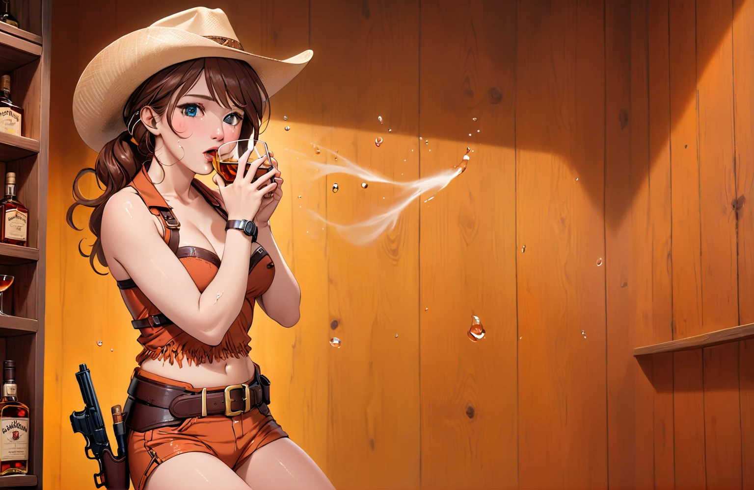 Japanese Beauty,Completely naked,(Wearing a belt with a holster on the waist),(Wear western boots),Brown cowboy hat and watch on wrist,Being drunk,beer bottle,indoor,Above the knee shot,Lying in bed,Ultra-high resolution,16K