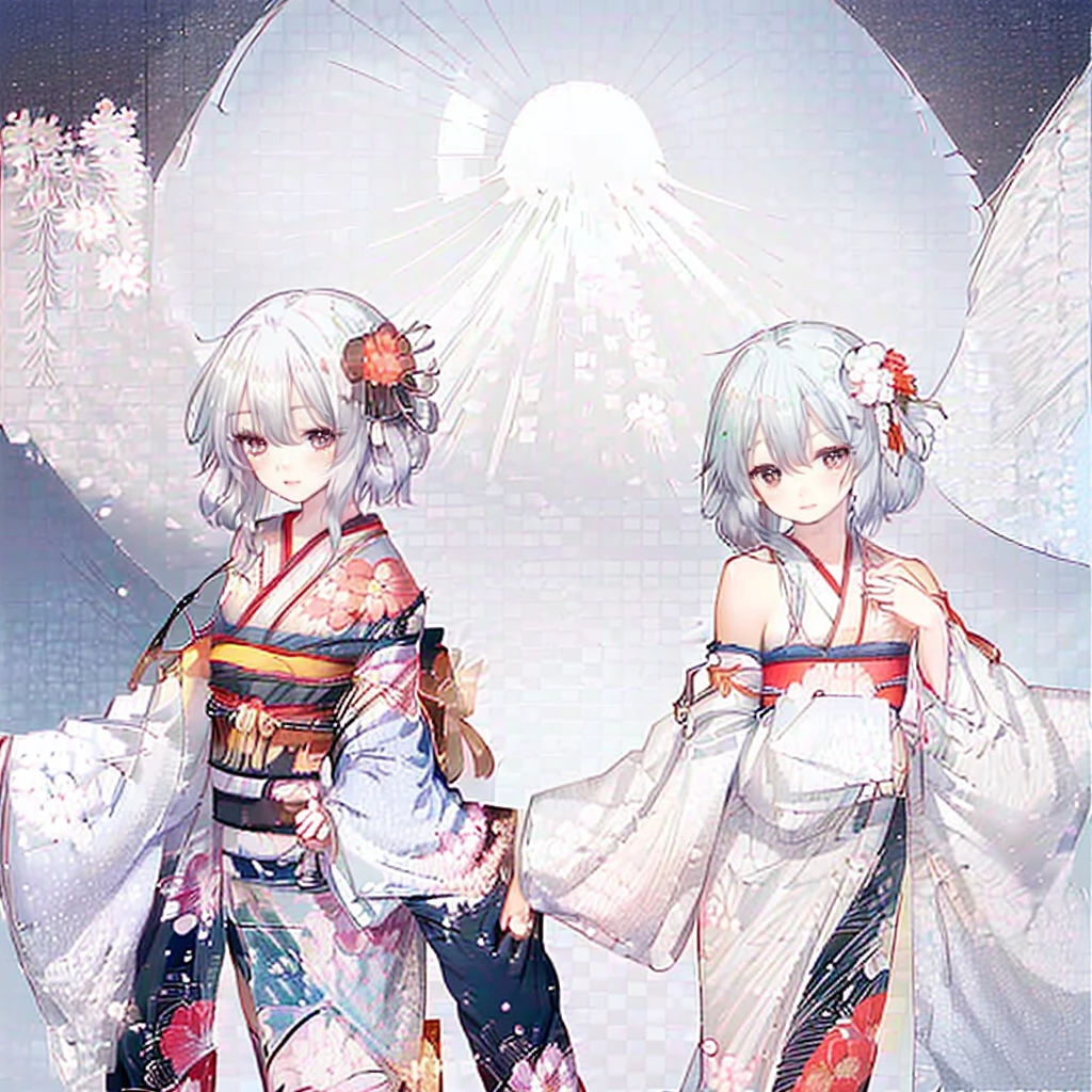 Three Japanese high-school short girls with cute style,
looking straight ahead and striking a gutsy pose are standing (separately:1.4), side by side,
wearing a striking(yellow, red, blue, green) kimono with a flower motif,
(A kimono with floral patterns, particularly on the shoulders and chest:1.7)
(A kimono that completely conceals the chest and shoulders, revealing no skin at all:1.7)
(High-school-girls with a white short scarf, a white feather shawl around her neck:1.5),
(High-school-girls who are almost the same height:1.7),
(Japanese kimono:1.7),(innocent and pure high-school short girls:1.7),
((too much smile)), very cute, face, head and waist fully visible,
upper arms hidden by clothes and hair,
(only one well-shaped beautiful mount Fuji is completely covered with white snow from top to bottom:1.5),
(vermilion shrine entrance:1.2), very thick and large pine trees, winter(season),
Snow is accumulating on the roof and pine trees. ,(outdoors:1.5),