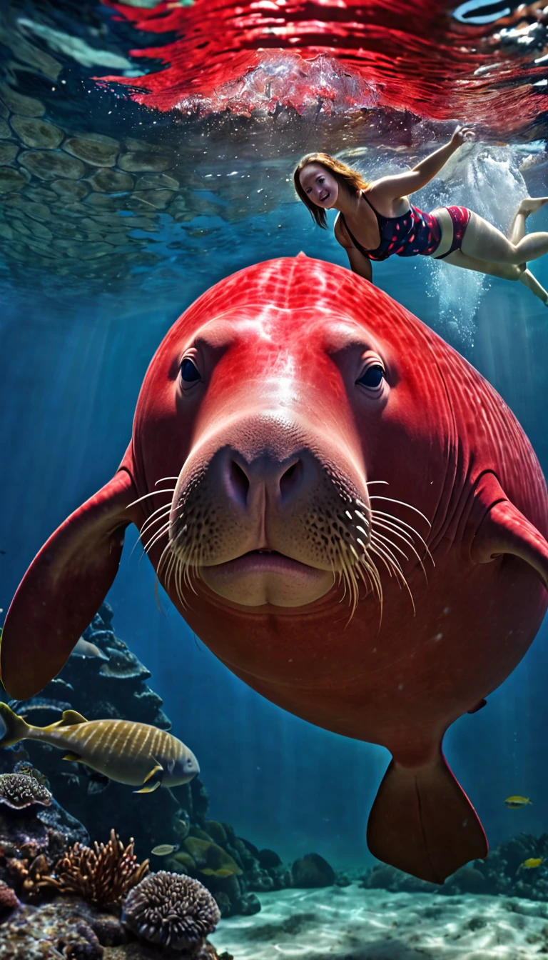 Panorama，The best quality of the red dugong with a human face under the water，4K，8K，High level，masterpiece：1.2），Ultra Detailed，（lifelike，Photo real，Photo real：1.37），Highly detailed animals，Complex patterns，Realistic lighting，Fantasy Creatures