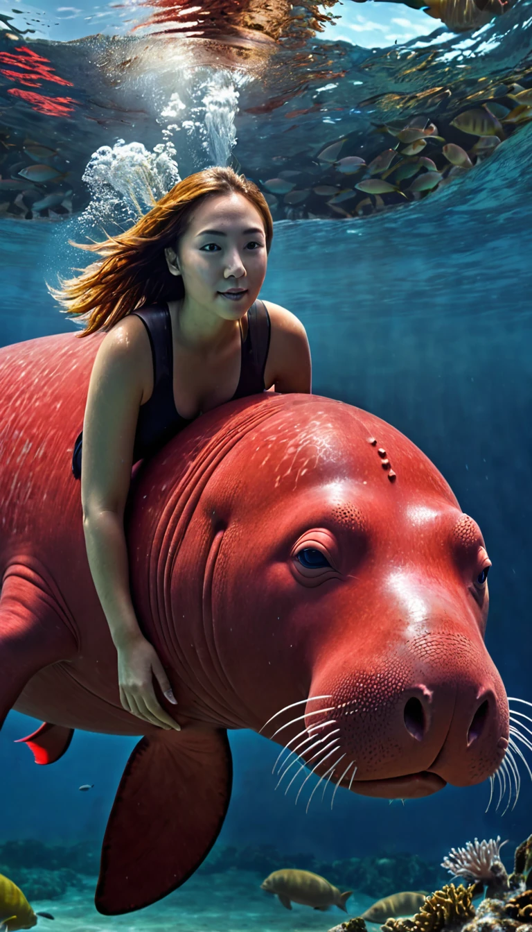 The best quality of the red dugong with a human face under the water，4K，8K，High level，masterpiece：1.2），Ultra Detailed，（lifelike，Photo real，Photo real：1.37），Highly detailed animals，Complex patterns，Realistic lighting，Fantasy Creatures