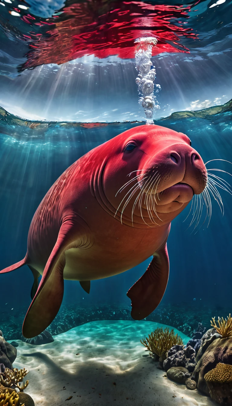 Panorama,The best quality of the red dugong with a human face under the water,4K,8K,High level,masterpiece:1.2),Ultra Detailed,(lifelike,Photo real,Photo real:1.37),Highly detailed animals,Complex patterns,Realistic lighting,Fantasy Creatures