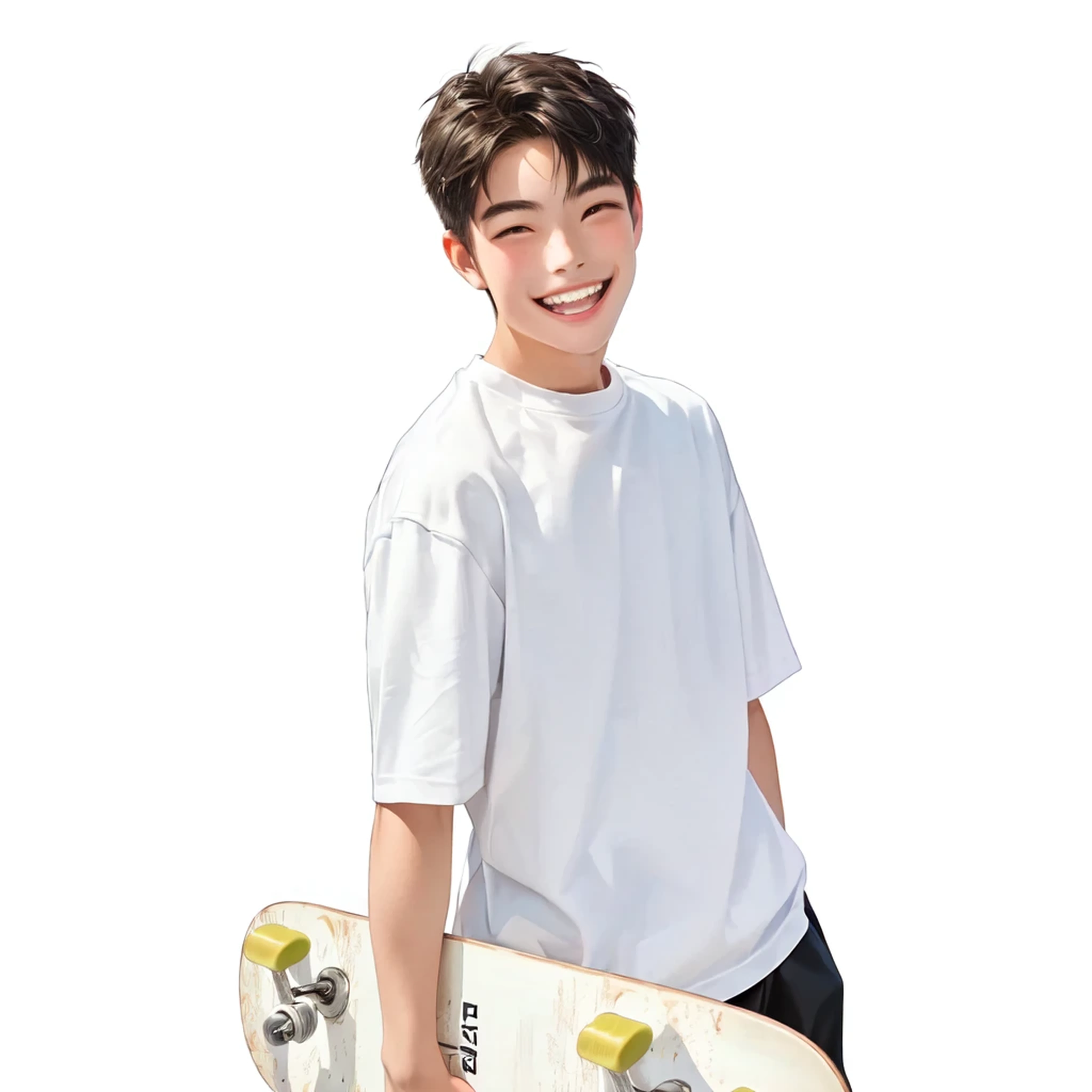 Smile，Smiling and showing White Teeth，White Teeth，Clean teeth，laughing out loud，happy，There is a little boy with a skateboard on the sidewalk，Male teenager，Portrait of a 15 year old boy，White background，Teenage Boy，High quality portrait，skateboard，Portrait of a 15 year old boy，Cute with Smile，Smile，Looks cool