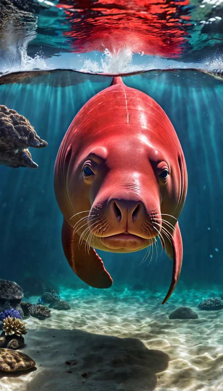 Panorama,The best quality of the red dugong with a human face under the water,4K,8K,High level,masterpiece:1.2),Ultra Detailed,(lifelike,Photo real,Photo real:1.37),Highly detailed animals,Complex patterns,Realistic lighting,Fantasy Creatures