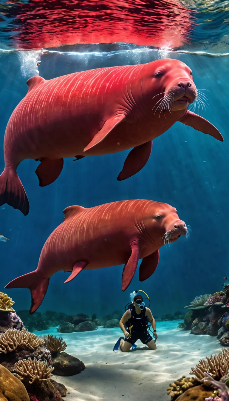 Panorama，The best quality of the red dugong with a human face under the water，4K，8K，High level，masterpiece：1.2），Ultra Detailed，（lifelike，Photo real，Photo real：1.37），Highly detailed animals，Complex patterns，Realistic lighting，Fantasy Creatures