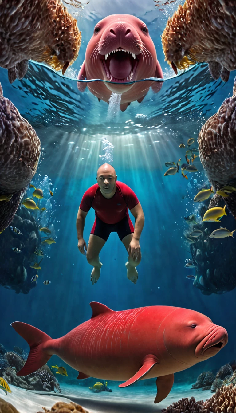 Panorama，The best quality of the red dugong with a human face under the water，4K，8K，High level，masterpiece：1.2），Ultra Detailed，（lifelike，Photo real，Photo real：1.37），Highly detailed animals，Complex patterns，Realistic lighting，Fantasy Creatures