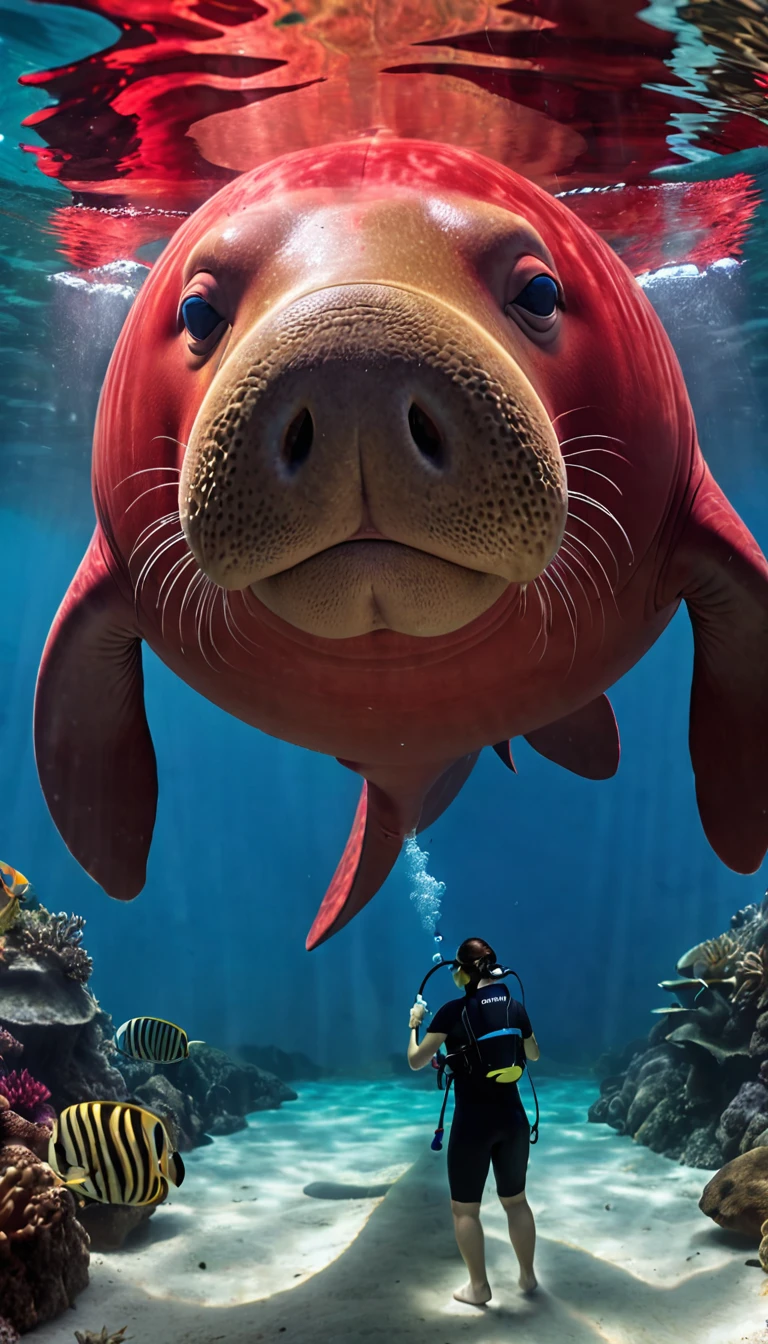 Panorama,The best quality of the red dugong with a human face under the water,4K,8K,High level,masterpiece:1.2),Ultra Detailed,(lifelike,Photo real,Photo real:1.37),Highly detailed animals,Complex patterns,Realistic lighting,Fantasy Creatures