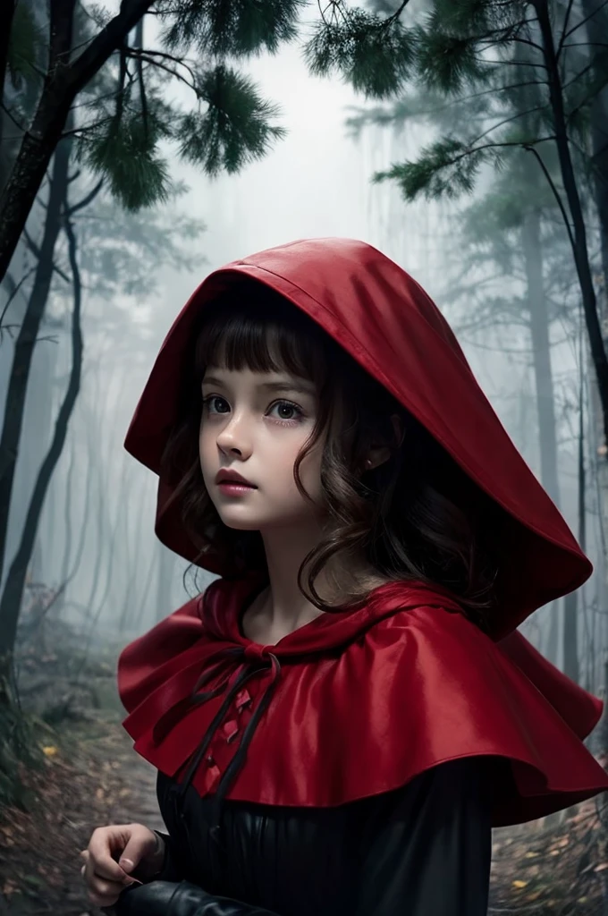 Little Red Riding Hood fairy tale、10Generation of women、Cute woman、Light clothing、Cinematic quality、It has a dark atmosphere and is a little scary.、mysterious