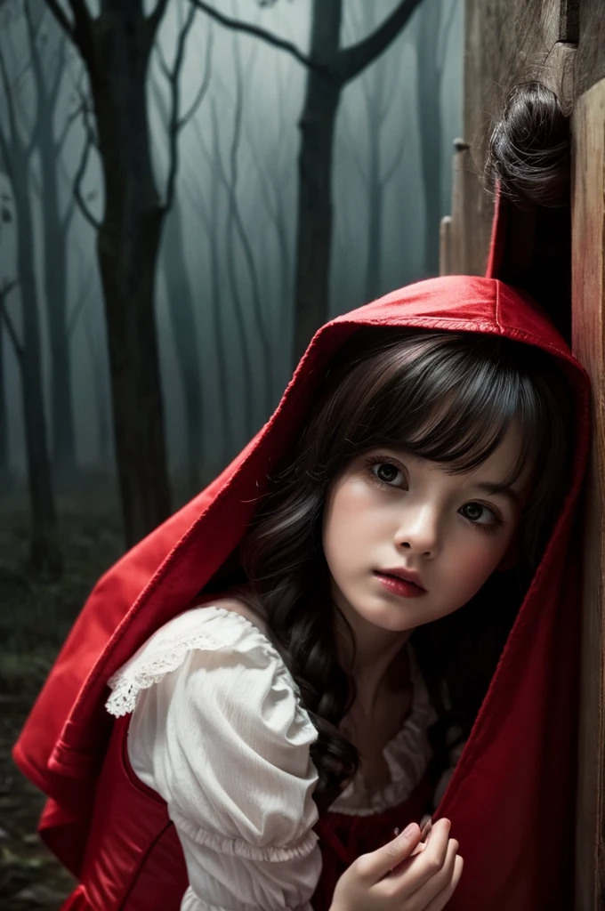Little Red Riding Hood fairy tale、10Generation of women、Cute woman、Light clothing、Cinematic quality、It has a dark atmosphere and is a little scary.、mysterious