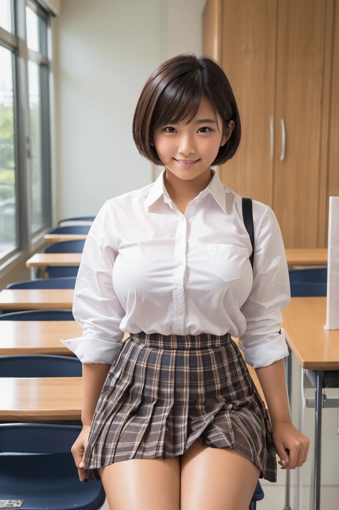 nsfw,(tanned skin:1.3), japanese 2girls,white shirt,mascular and curvy thighs,(adult thick body), ,18 years old,at classroom,black short hair,smile,navy checked pleated skirt,lifted up skirt,18 years old,white panties,spreading legs,