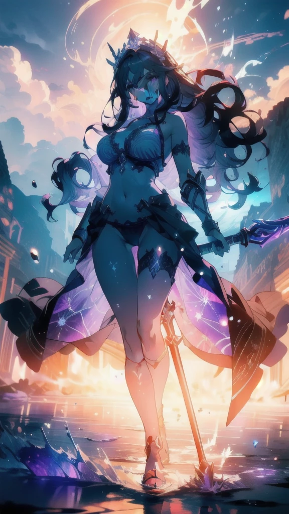 ((masterpiece, best quality)), Epic battlefield atmosphere，Delicate face，The goddess of the sea，Holding a staff，whole body，Standing picture，glowing purple eyes，Large Breasts，Gradient white long wavy hair，Perfect body proportions，Pure white background，Water Ripples，Lace，Sex bikini