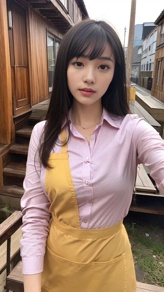 (Highly detailed CG Unity 8k wallpaper)、(masterpiece)、(Highest quality)、(Super detailed)、(Best illustrations)、(Best Shadow)、Ultra-high resolution、(Real、Photorealistic:1.2)、(Kyoko Otonashi:1.4)、(Long hair with bangs that fall on the forehead:1.4)、(Large Breasts:1.4)、((Pink long sleeve shirt:1.2))、((Yellow apron:1.2))、(The apron has a small chick mark on it.:1.2)、(Casual sandals:1.2)、(In the background is an old wooden apartment building:1.4)、(Posture is:1.2)1.2)、Holding a broom in a natural manner、Using lighting and shadows、Emphasizing three-dimensionality and realism、Please express natural light reflection、Puffy eyes、Close-up、Cloudy soft light、(Upper Body:1.4)
