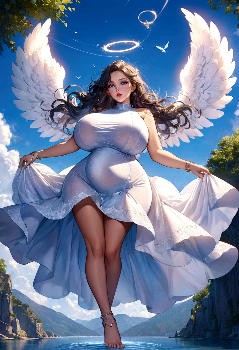 beautiful busty Angel, Wearing a gorgeous dress that covers the whole body, luxurly gawn,Floating in the air, angel wings, (angel ring:1.3), outdoor, detailed face, detailed eyes, detailed lips, detailed nose, detailed foot, full body shot, giga_busty