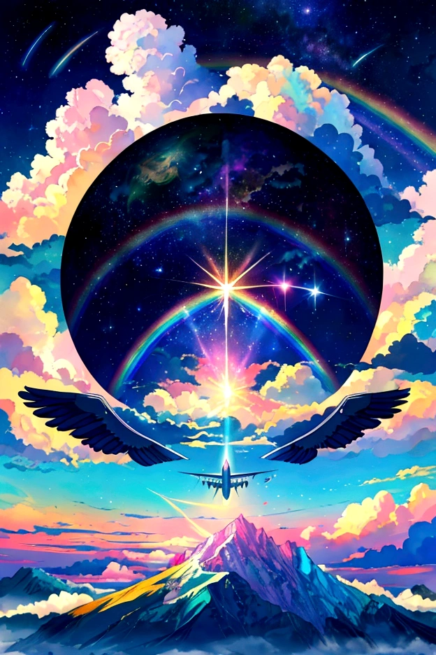 A plane flying in a rainbow sky，colorful，beauttiful stars，wonderful景色，Utopia，An atmosphere full of dreams and hope，masterpiece．16K, Ultra-high resolution, Ultra-high resolution, to be born,wonderful ,future、Iridescent、The world 30 years from now。