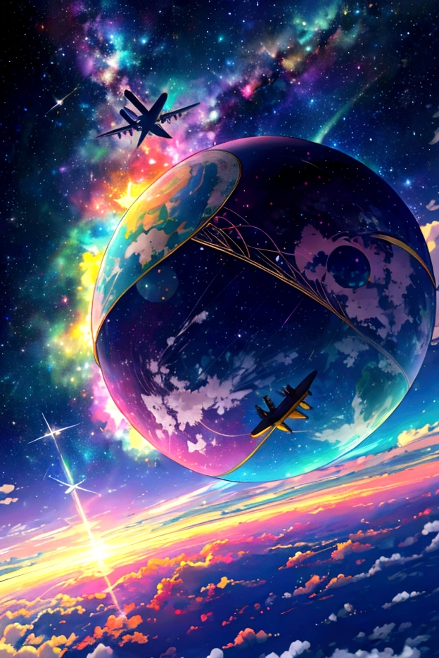 A plane flying in a rainbow sky，colorful，beauttiful stars，wonderful景色，Utopia，An atmosphere full of dreams and hope，masterpiece．16K, Ultra-high resolution, Ultra-high resolution, to be born,wonderful ,future、Iridescent、The world 30 years from now。