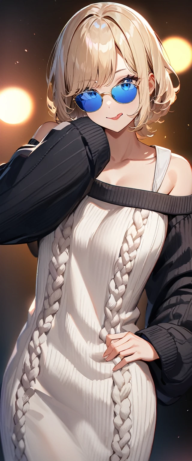 (((One girl))), ((beach)), noon, blond hair, bob cut, breasts, from front, (cowboy shot), standard body, (looking at viewer), ((off-shoulder {black} knit sweater, Quite thick shoulder straps)), ((long juliet_sleeves)), teenager, head tilt:1.3, (((blue eye))), ((happy smile)), anime style, (best quality, 4k, 8k, highres, masterpiece:1.2, ultra-detailed, ultra-detailed eyes, HDR, UHD, studio lighting, ultra-fine painting, sharp focus, physically-based rendering, extreme detail description, professional, vivid colors, bokeh), ((Highest quality, Best image quality, Ultra-high resolution, Ultra-high resolution, solo, Strong eye highlights)), Depth of written boundary, Natural soft light, attractive, Beautiful Face, Cleanliness, Pure Face, nedium chest, Beautiful Face, Perfect Fingers, Perfect hands, Perfect body, Perfect Face, Shine a light into your eyes, Perfect Anatomy