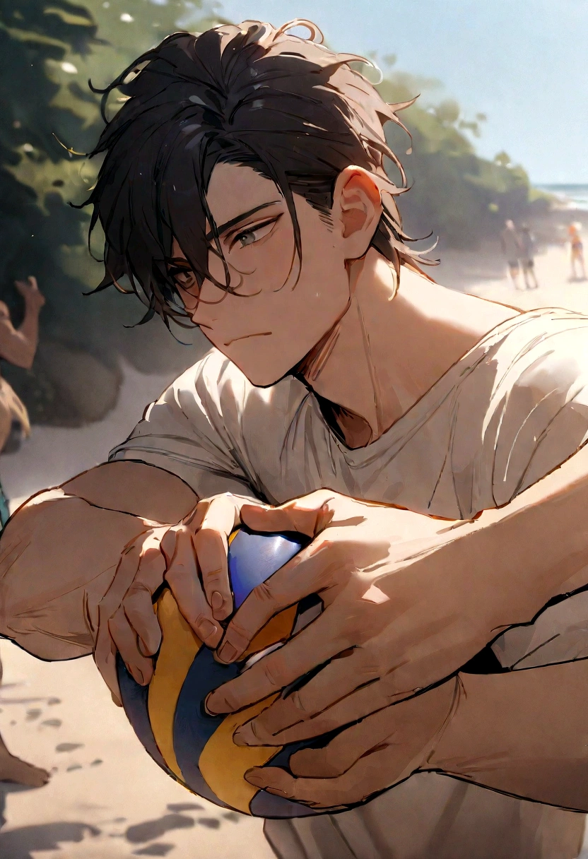 ((masterpiece, best quality, more detail)), ((1man)), A 22 year old man, holding a beach volleyball in both hands below , Lean to the left