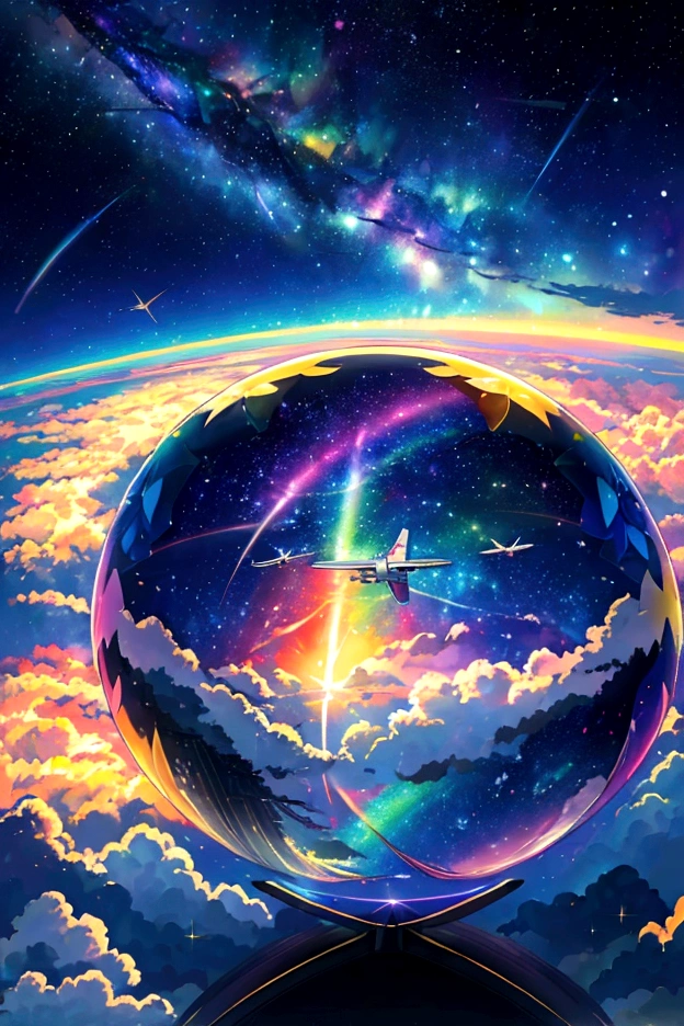 A plane flying in a rainbow sky，colorful，beauttiful stars，wonderful景色，Utopia，An atmosphere full of dreams and hope，masterpiece．16K, Ultra-high resolution, Ultra-high resolution, to be born,wonderful ,future、Iridescent、The world 30 years from now。