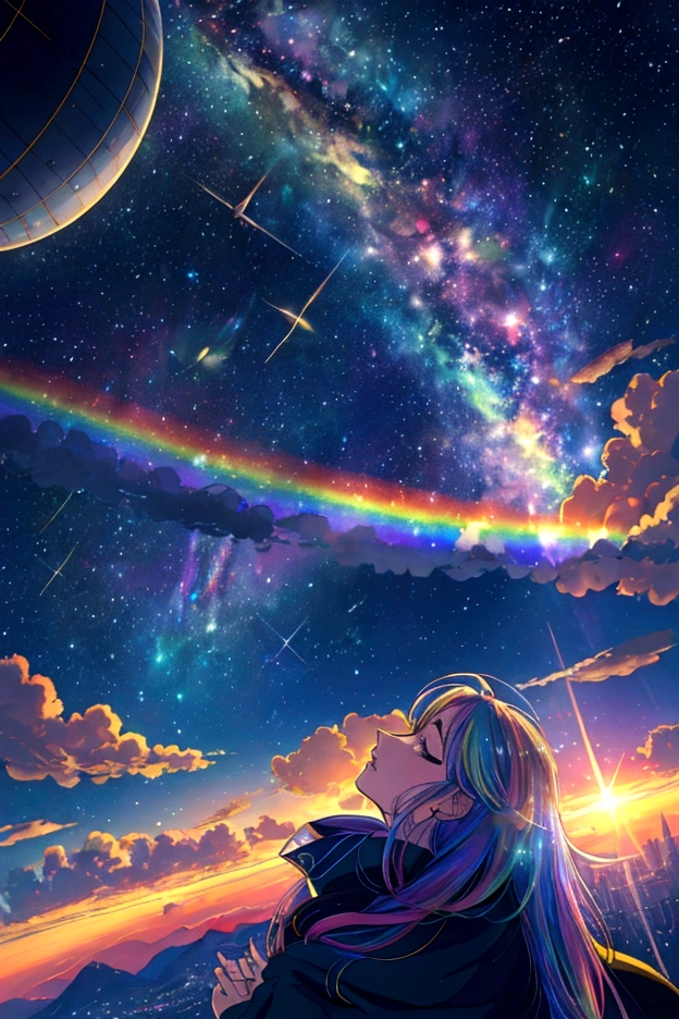 A plane flying in a rainbow sky，colorful，beauttiful stars，wonderful景色，Utopia，An atmosphere full of dreams and hope，masterpiece．16K, Ultra-high resolution, Ultra-high resolution, to be born,wonderful ,future、Iridescent、The world 30 years from now。