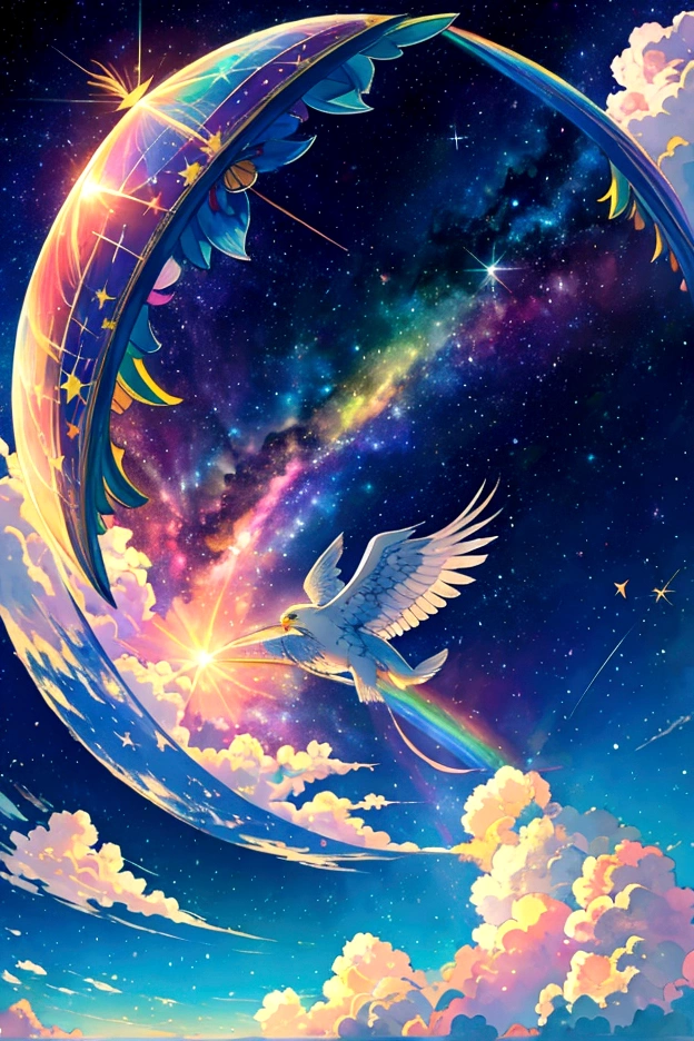 A plane flying in a rainbow sky，colorful，beauttiful stars，wonderful景色，Utopia，An atmosphere full of dreams and hope，masterpiece．16K, Ultra-high resolution, Ultra-high resolution, to be born,wonderful ,future、Iridescent、The world 30 years from now。