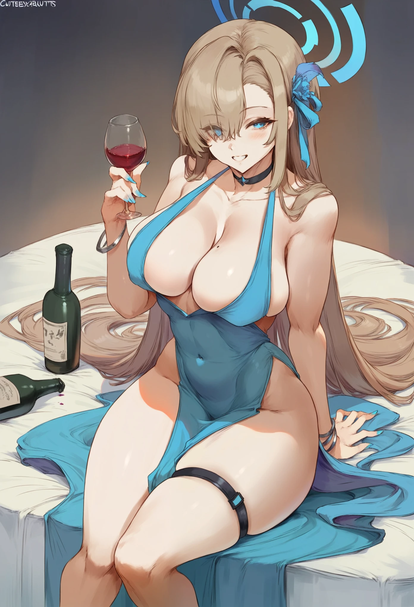Cutesexyrobutts style, asuna_(blue_archive), breasts, 1girl, halo, dress, solo, mole, blue_eyes, mole_on_breast, smile, large_breasts, cleavage, long_hair, alternate_costume, hair_ornament, bare_shoulders, hair_over_one_eye, grin, looking_at_viewer, feather_boa, blue_dress, jewelry, bottle, covered_navel, bracelet, pelvic_curtain, bangs, thighs, hair_flower, halterneck, cup, thigh_strap, wine_glass, alcohol, wine_bottle, drinking_glass, choker, sitting, eyes_visible_through_hair, nail_polish, flower, blush, light_brown_hair, wine, collarbone, hand_on_own_chest, blue_nails, swept_bangs, cosplay
