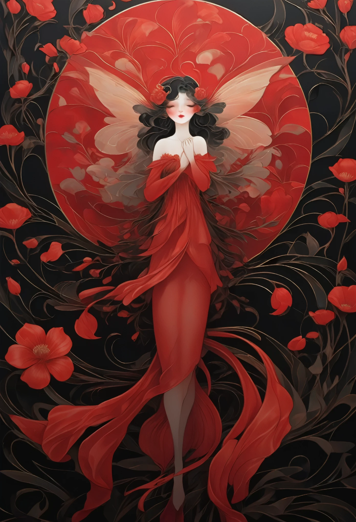 (masterpiece, best quality:1.2), 1 girl, solitary,Pretty Face，Red Fatism Art Nouveau，Illustration style，Black and red，Flowers


