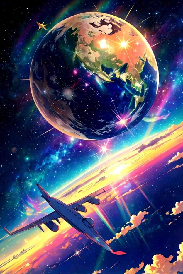 A plane flying in a rainbow sky,colorful,beauttiful stars,wonderful景色,Utopia,An atmosphere full of dreams and hope,masterpiece.16K, Ultra-high resolution, Ultra-high resolution, to be born,wonderful ,future、Iridescent、The world 30 years from now。