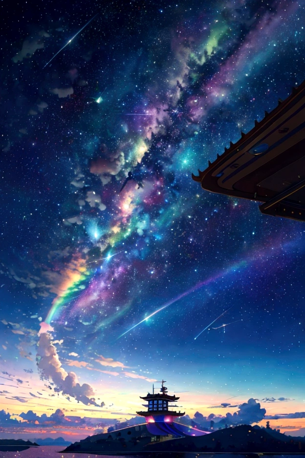 A plane flying in a rainbow sky，colorful，beauttiful stars，wonderful景色，Utopia，An atmosphere full of dreams and hope，masterpiece．16K, Ultra-high resolution, Ultra-high resolution, to be born,wonderful ,future、Iridescent、The world 30 years from now。