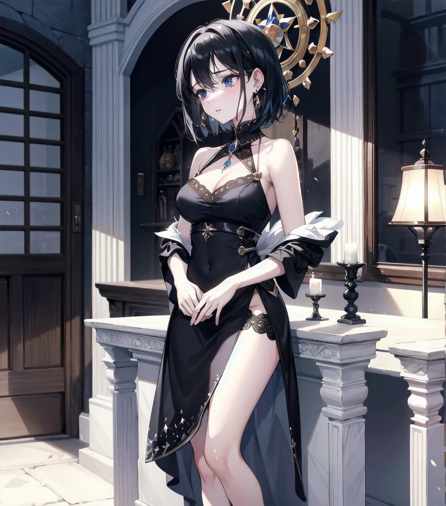 absurdres, RAW photo, extremely delicate and beautiful, masterpiece, Best Quality, ultra high resolution, 32k, hyperrealistic, ultra-detailed, in her 20s, delicate facial features, tearful mole, earring, medium breasts, full body shot, shorter middle hair, black hair, alchemist room, traditional witch outfit,