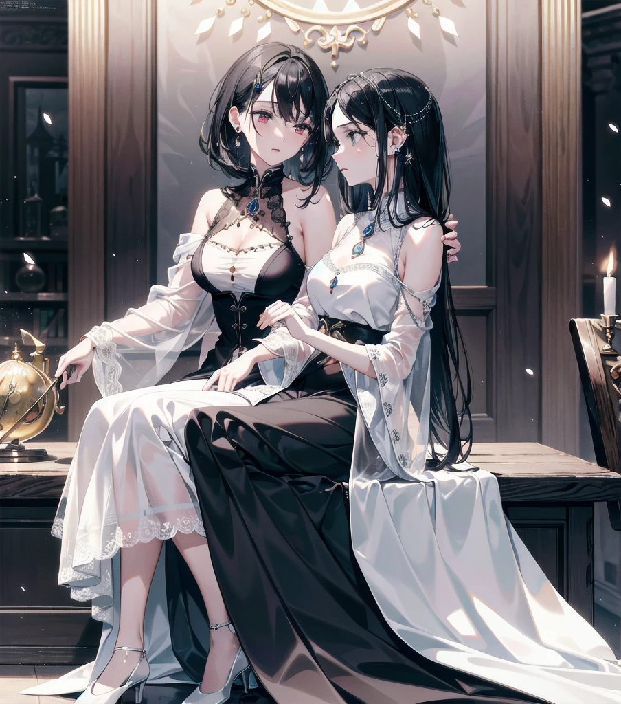 absurdres, RAW photo, extremely delicate and beautiful, masterpiece, Best Quality, ultra high resolution, 32k, hyperrealistic, ultra-detailed, in her 20s, delicate facial features, tearful mole, earring, medium breasts, full body shot, shorter middle hair, black hair, alchemist room, traditional witch outfit,