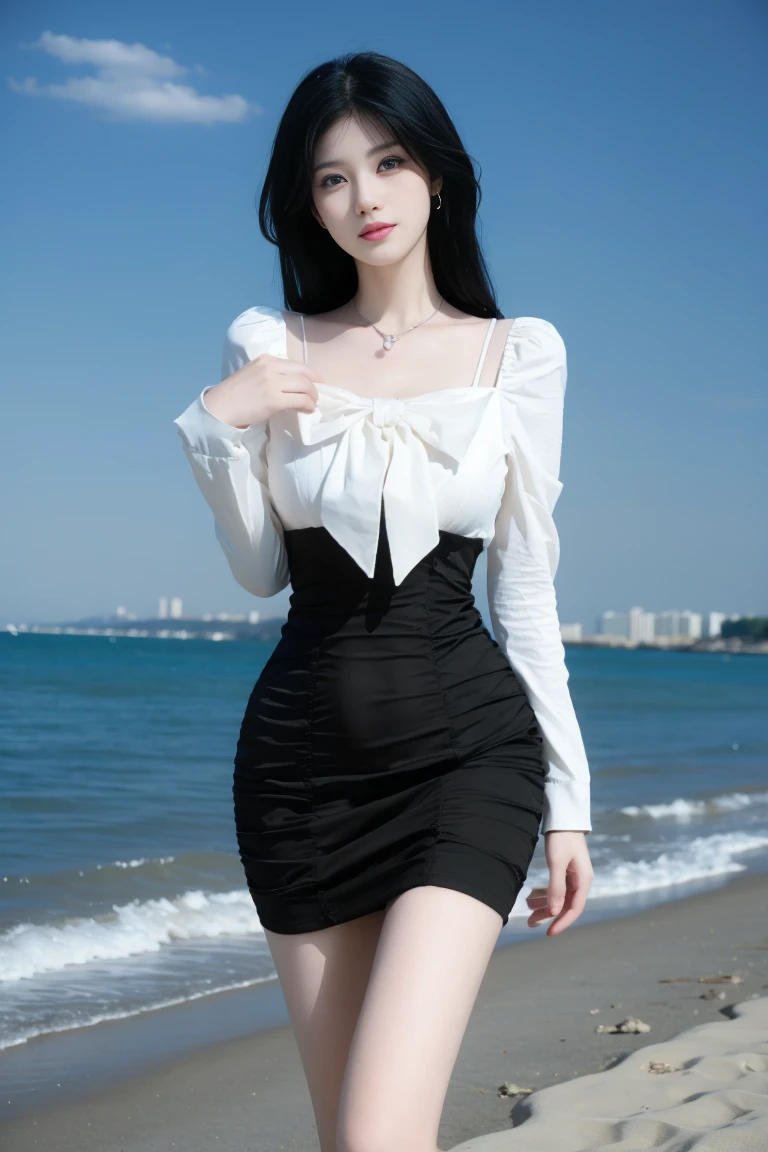 best quality, tmasterpiece,Ultra-high resolution,Clear face,（Reality：1.4），ferpect lighting，(upper body shot), (photorealistic:1.50), anime wallpaper, Guviz style artwork, cover-up fantasy up to magic , by Yang J, Guviz, beautiful artwork illustration, beautiful digital artwork, beautiful digital illustration, Li Song, beautiful anime portrait, art style in Beauvot,((beautiful:0.75) cute girl:0.75),Professional,photo_(medium),ultra-fine painting,1girl,black hair,outdoors,(front:1.3),(standing:1.3),seaside,cloudy sky,cowboy_shot,
Sweet girl clothes5,high-waist skirt,