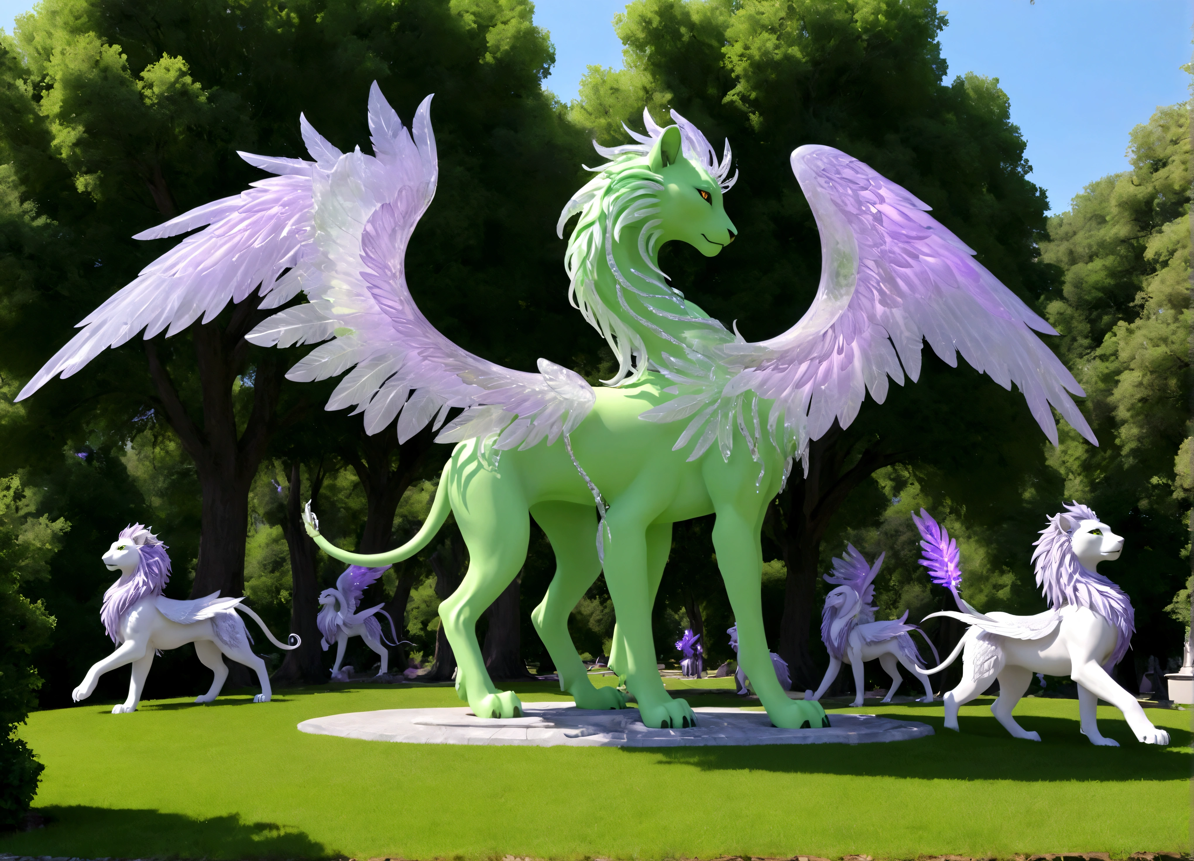 A eldritch angel (central body of a violet lion, 6 pairs of radiant crystal wings, numerous white tentacle eyestalks with neon green eyes) has appeared in a holy corona and approaching the viewer set in a park in daytime
