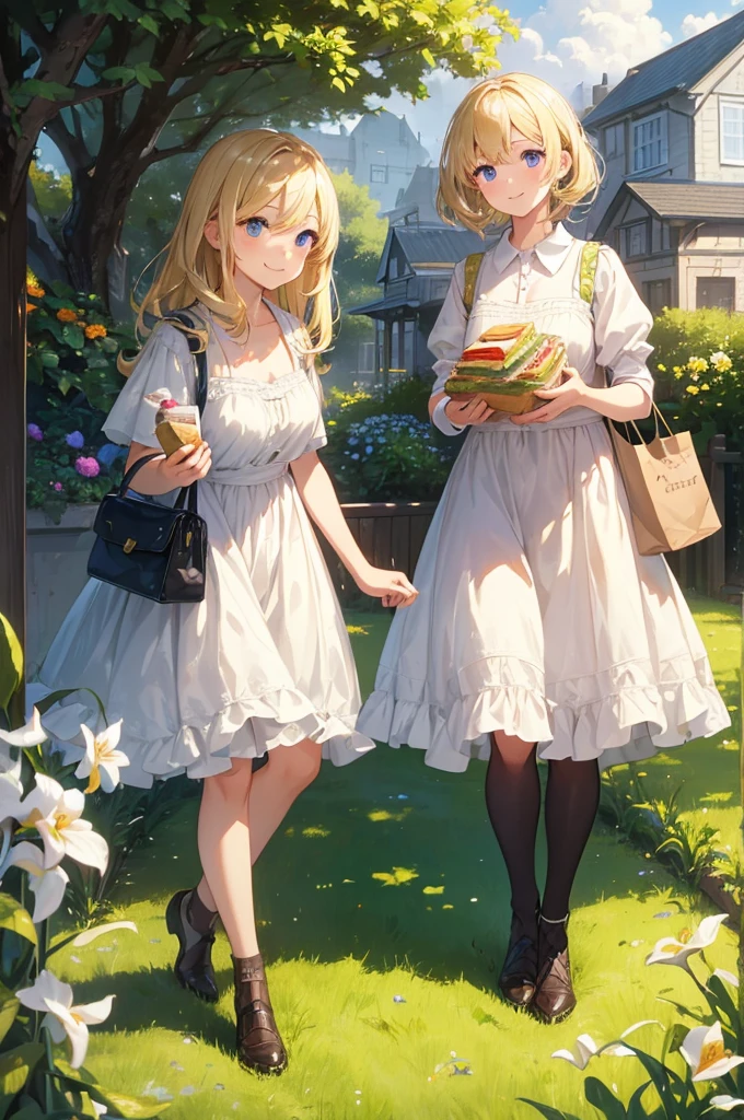 Artwork, ((Highest quality)), High resolution, 8K, Cinematic Light, High Contrast, Written boundary depth, Blonde Hair、Lunch Bag、sandwich、A happy smile、Strong brilliance, Detailed Background, One Girl, cute, Daytime lawn garden、fine grain, Shining Eyes, Detailed Iris