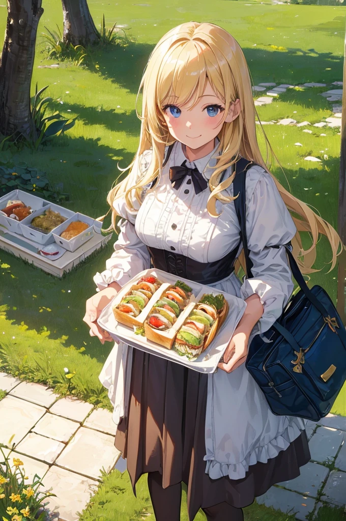 Artwork, ((Highest quality)), High resolution, 8K, Cinematic Light, High Contrast, Written boundary depth, Blonde Hair、Lunch Bag、sandwich、A happy smile、Strong brilliance, Detailed Background, One Girl, cute, Daytime lawn garden、fine grain, Shining Eyes, Detailed Iris