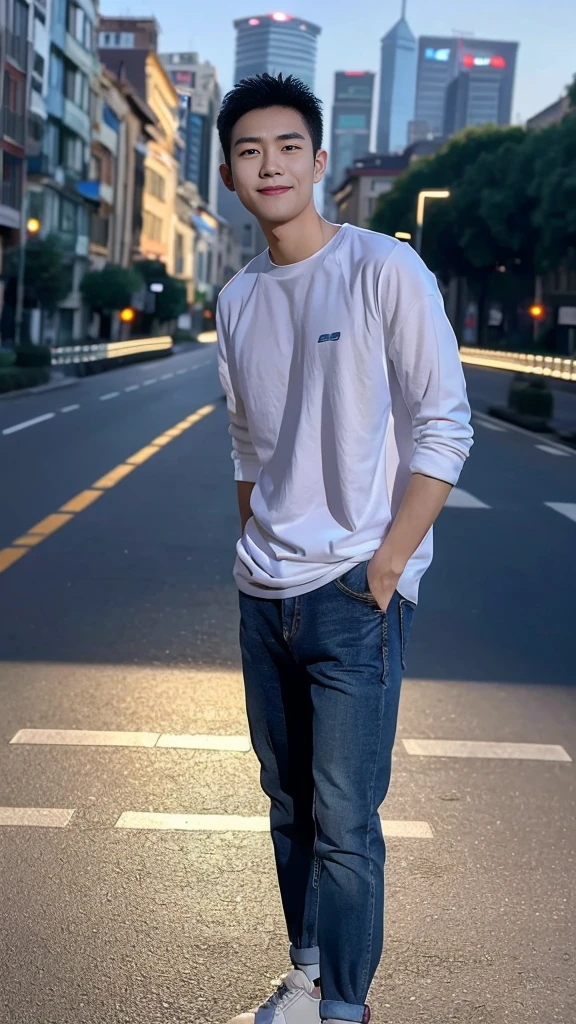 Masterpiece, best quality, height, Ultra high resolution,TRUE, photoTRUEistic,young man,handsome face,evening,natural light,look at viewer,outdoor,full body,smile,round face,short hair,Eye details,Shanghai city road,night scenery