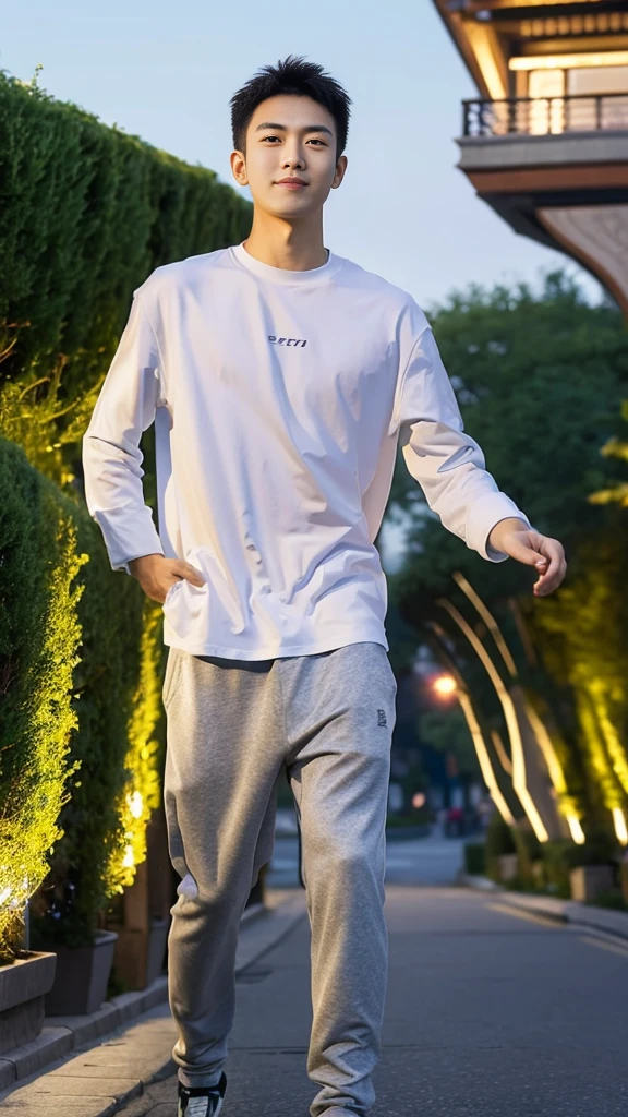 Masterpiece, best quality, height, Ultra high resolution,TRUE, photoTRUEistic,young man,handsome face,evening,natural light,look at viewer,outdoor,full body,smile,round face,short hair,Eye details,Shanghai city road,night scenery