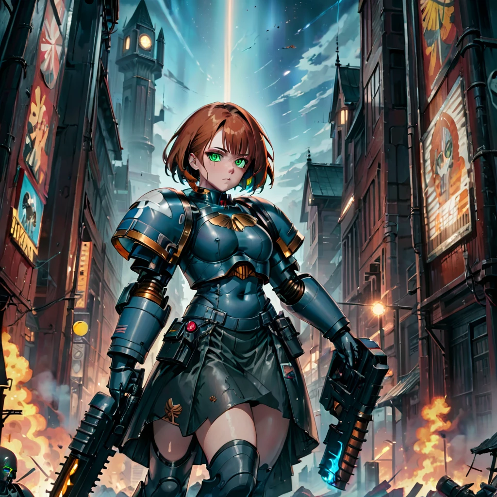 a beautiful ((Mature-Woman)). She has ginger hair and green eyes, adorned in a power armor with metallic blue and gray textures, complemented by latex fabric resembling a skirt. Portrait. Eye-level. Background: A Warhammer 40k-inspired environment with gothic architecture and a celestial backdrop. ((Style-Anime)). Light Dramatic lighting to accentuate the metallic textures. (Extreme detailed face), best quality, masterpiece, ultra-detailed, 8k.