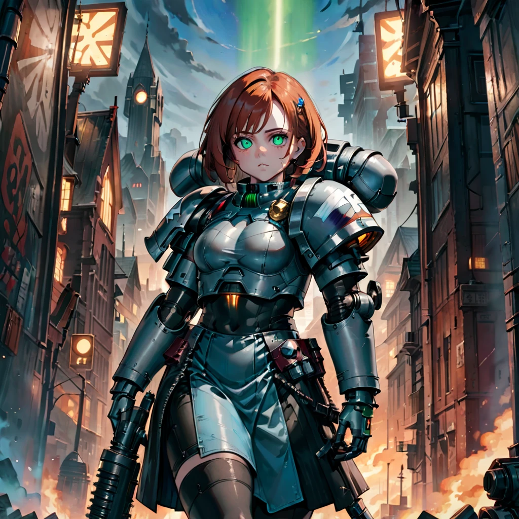 a beautiful ((Mature-Woman)). She has ginger hair and green eyes, adorned in a power armor with metallic blue and gray textures, complemented by latex fabric resembling a skirt. Portrait. Eye-level. Background: A Warhammer 40k-inspired environment with gothic architecture and a celestial backdrop. ((Style-Anime)). Light Dramatic lighting to accentuate the metallic textures. (Extreme detailed face), best quality, masterpiece, ultra-detailed, 8k.