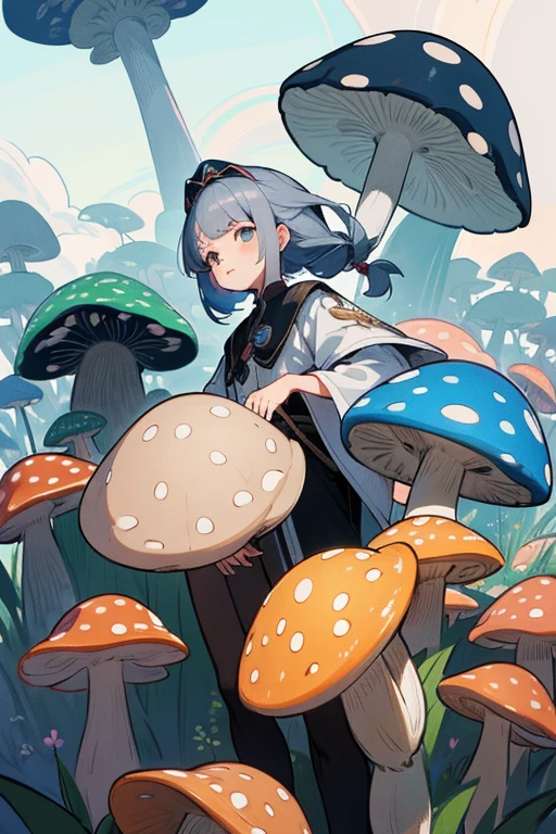 8K,4K,Ultraless,High resolution,(masterpiece, Highest quality, Highest quality),Very detailed,colorful,Ultra-fine painting,Vibrant colors,Panoramic View,An illustration,anime,もっとAn illustrationっぽく

森, 頭にGrey mushroom
1人の女の子,alone,whole body,Floating Hair,Grey mushroom,Mushroom on head(color is gray),Fantasy,服装もFantasy,Mushroom on head2つ,Magician-like appearance,Mushroom on head