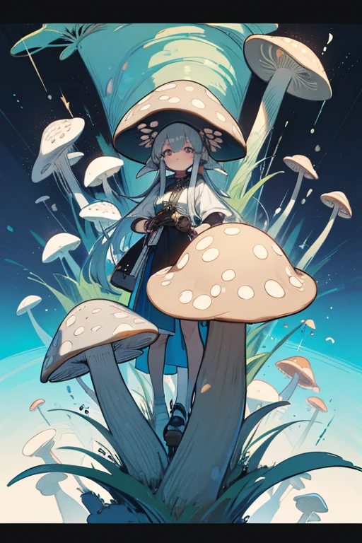 8K,4K,Ultraless,High resolution,(masterpiece, Highest quality, Highest quality),Very detailed,colorful,Ultra-fine painting,Vibrant colors,Panoramic View,An illustration,anime,もっとAn illustrationっぽく

森, 頭にGrey mushroom
1人の女の子,alone,whole body,Floating Hair,Grey mushroom,Mushroom on head(color is gray),Fantasy,服装もFantasy,Mushroom on head2つ,Magician-like appearance,Mushroom on head