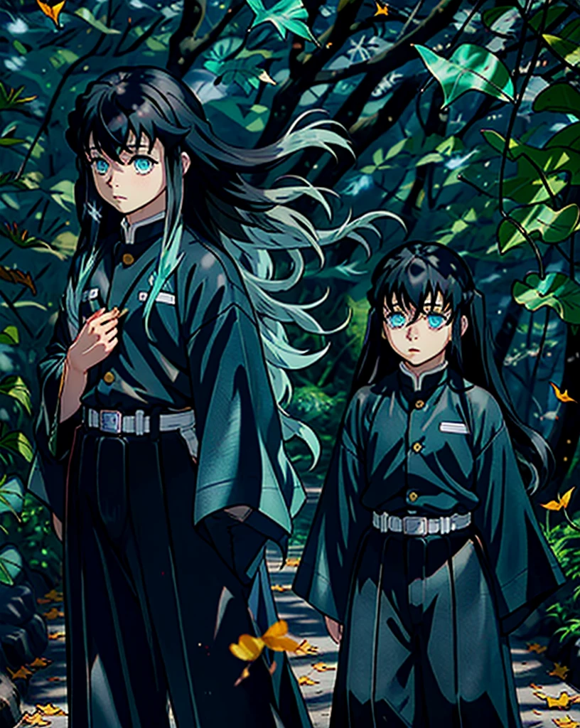 tokitou muichirou, 1boy, male focus, demon slayer uniform, long hair,  leaf, japanese clothes, long sleeves, cloud,  sky,  standing, hakama, tabi,  falling leaves, belt,  outdoors, crow, day, blue sky, wide sleeves,  belt, hakama pants, two-tone hair,  black hair, bangs, aqua eyes,  sidelocks, pants, black jacket, sleeves past wrists, nature, ginkgo leaf, autumn leaves,  cowboy shot,  