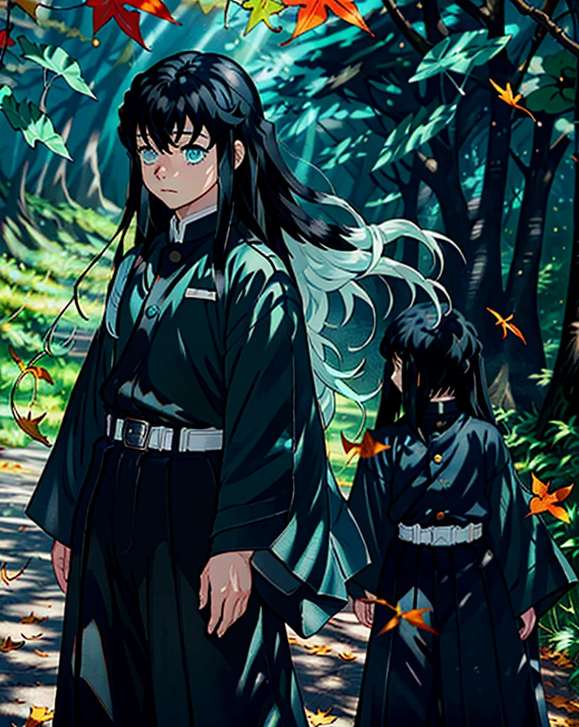 tokitou muichirou, 1boy, male focus, demon slayer uniform, long hair,  leaf, japanese clothes, long sleeves, cloud,  sky,  standing, hakama, tabi,  falling leaves, belt,  outdoors, crow, day, blue sky, wide sleeves,  belt, hakama pants, two-tone hair,  black hair, bangs, aqua eyes,  sidelocks, pants, black jacket, sleeves past wrists, nature, ginkgo leaf, autumn leaves,  cowboy shot,  