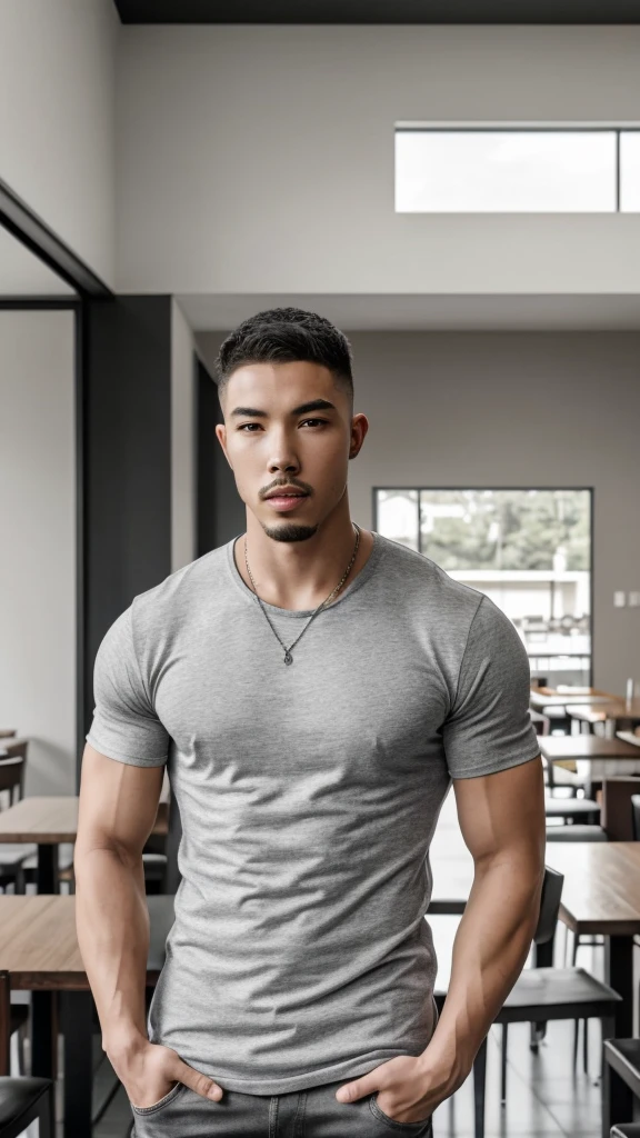 Tony Labrusca, young people, , Grey T-shirt, studio, matures,Portrait, man, A serious masterpiece, model  , Wide yard, tables, chairs, restaurant