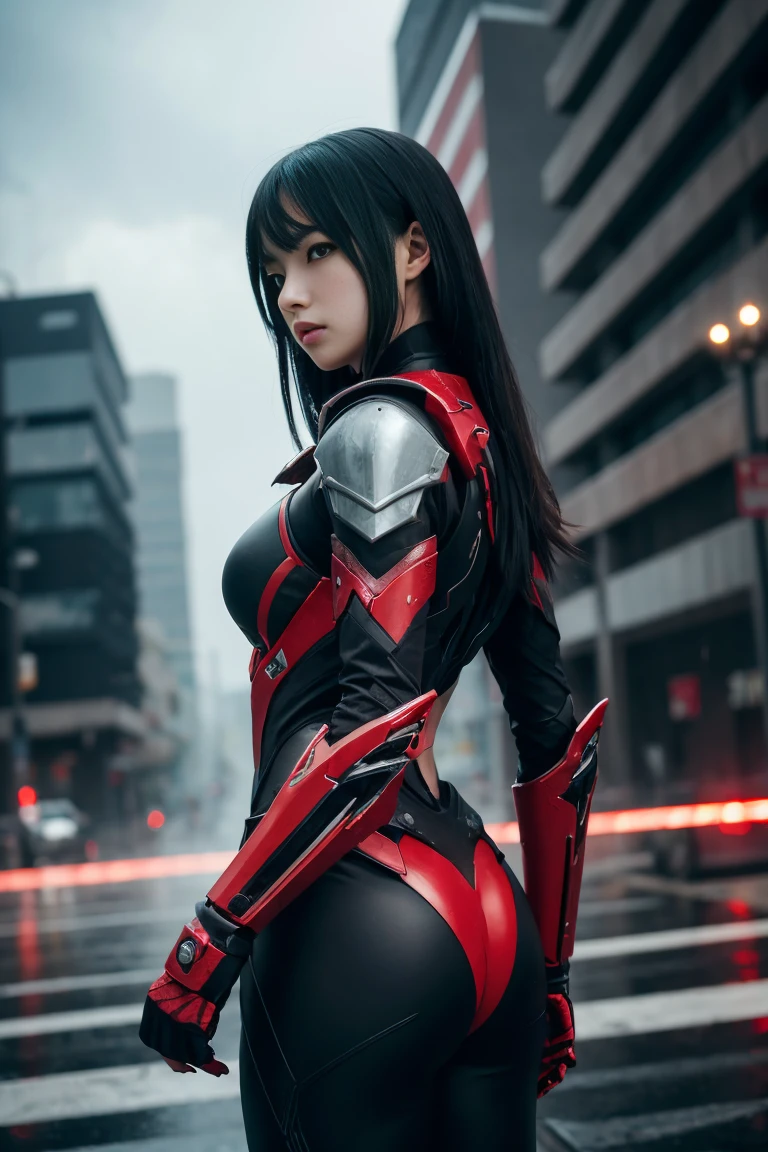 Woman warrior,1 Japanese girl, Warframe, Complex Pattern, Heavy Metal, Energy Line, Faceless, Glowing Eyes, elegant, intense, Blood red and black uniform, alone, Modern, city, street, Dark Clouds, thunderstorm, heavy rain,, Dramatic lighting,, (masterpiece:1.2), highest quality, High resolution,   Beautiful details, Very detailed, Perfect lighting,