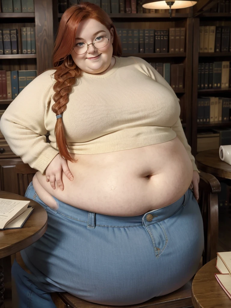 A sidewiev shy photo of a young happy cute smart redhead bbw with long single-braided hair soft fat belly, cute double-chin, fat soft belly, thick fat wide legs and fat arms, cute pretty face, small breasts, blue eyes, freckles, in a warm covering sweather tucked in her pants and long pants, sitting on a chair at a table in a cozy library, reading a lot of books, looking shy in the camera