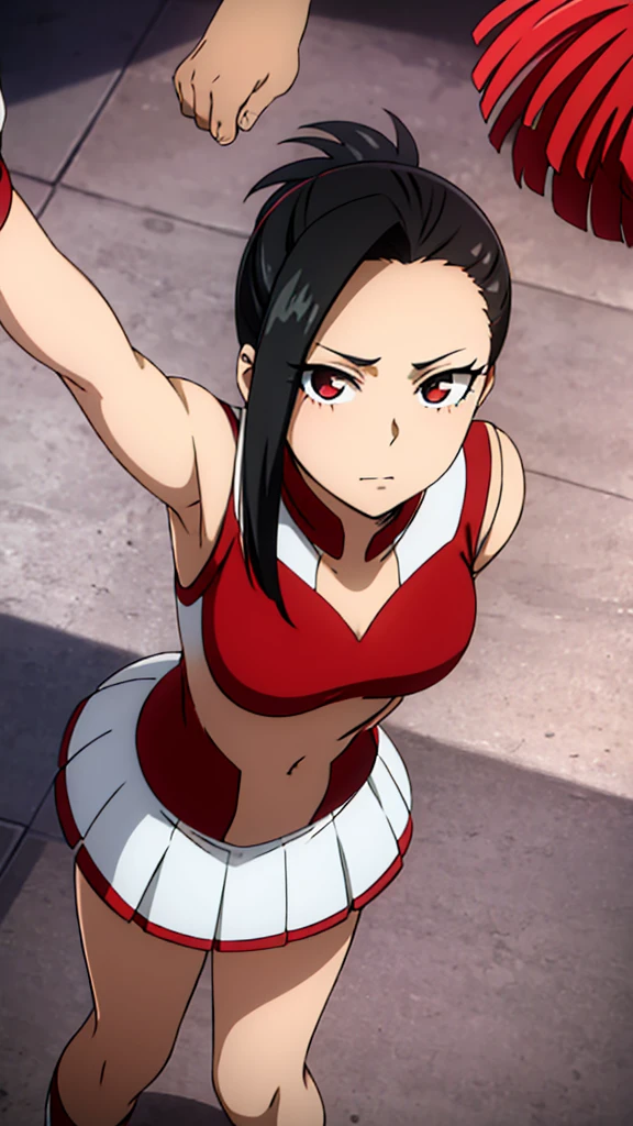 Yaoyorozu , standing , pov from top , big eyes , beautiful face , eyelashes , hot , cheerleader outfit 