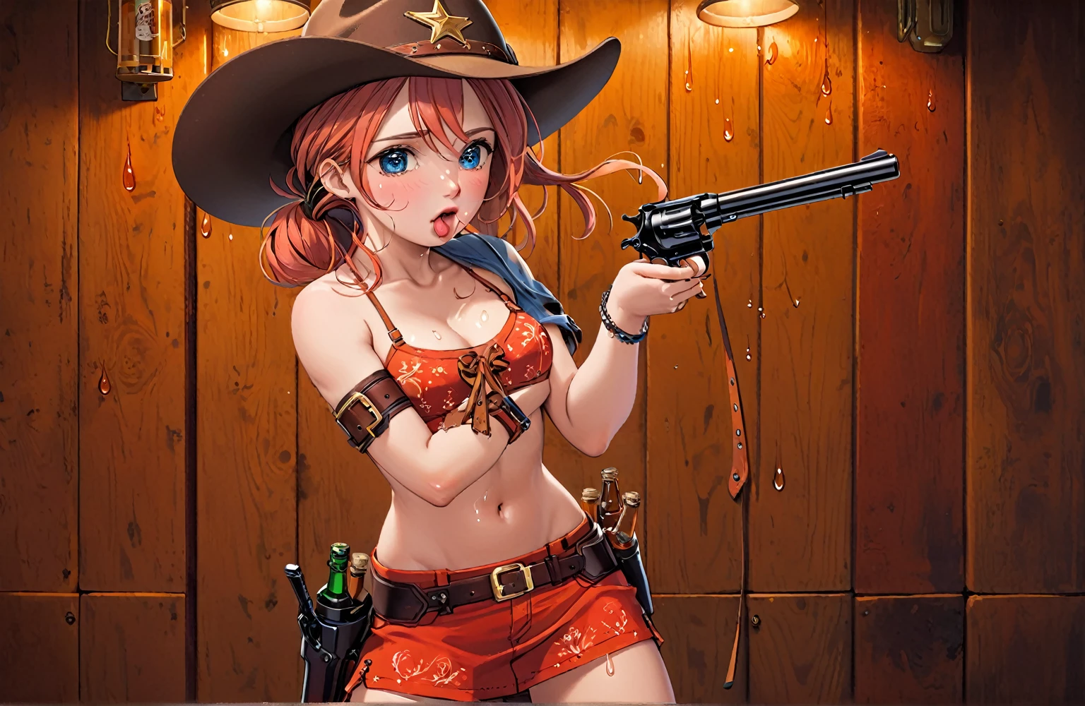 (((NSFW:1.8))),((Nude:1.8))),(((1 person:2.0))),(((1.5))),(((Brown gun belt with holster:1.8))),((Brown cowboy hat)),((Wear a metal watch on your wrist:1.5))),(((Showing cleavage))),(((Exposed thin inner thighs))),(((Small breasts:1.5))),(((Bare arms))),(((Her hair is brown))),((Blushed:1.2)), Beautiful detailed girl, Very detailed目と顔, 緻密でBeautiful Eyes, Very detailed, High resolution, Highest quality, masterpiece, Very detailed, 8k wallpaper, wonderful, finely, Highest quality, The light shines on your face,,(Standing in front of a wooden wall),Beautiful Eyes,((Engage your audience:1.2)),(((Full Body Shot:1.5))),((Are standing:1.2)),((Place your right hand on your chest:1.4)),((Hold the whiskey in your left hand.:1.)),(((Drunk:1.5))),(((Blushed顔:1.5)))
