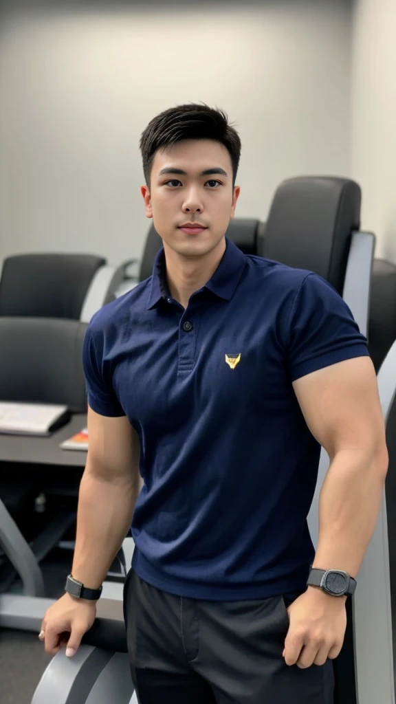 A male police officer in his 20s poses for a group photo., Wear a navy blue polo shirt., high resolution, Masterpiece, best quality, head:1.3,, Smooth and fine skin, clear focus, (movie light), during the night, gentle light, Dynamic angle, (detailed face:1.2), (((exercise))), sport, His arm muscles were very big., hand in crotch, in his office