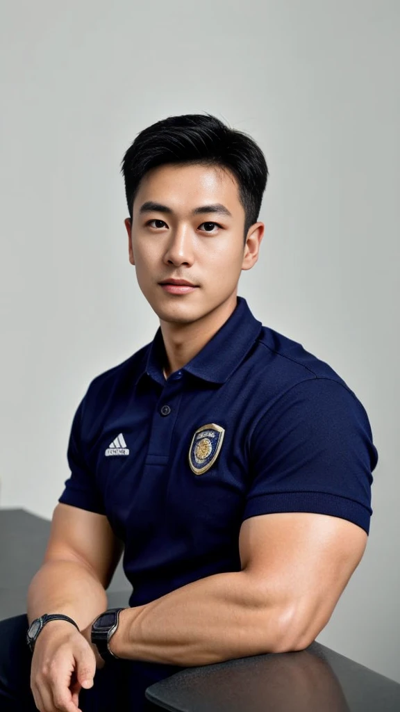 A male police officer in his 20s poses for a group photo., Wear a navy blue polo shirt., high resolution, Masterpiece, best quality, head:1.3,, Smooth and fine skin, clear focus, (movie light), during the night, gentle light, Dynamic angle, (detailed face:1.2), (((exercise))), sport, His arm muscles were very big., hand in crotch, in his office